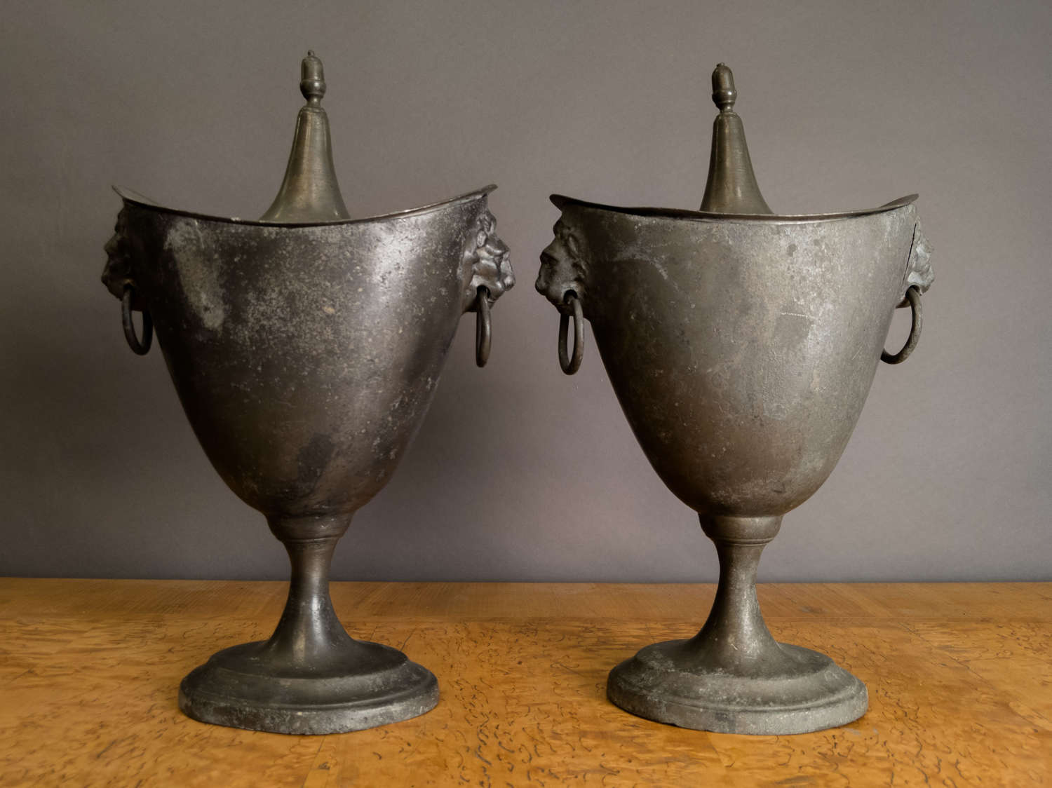 A Mid 19th Century pair of Pewter Chestnut Urns