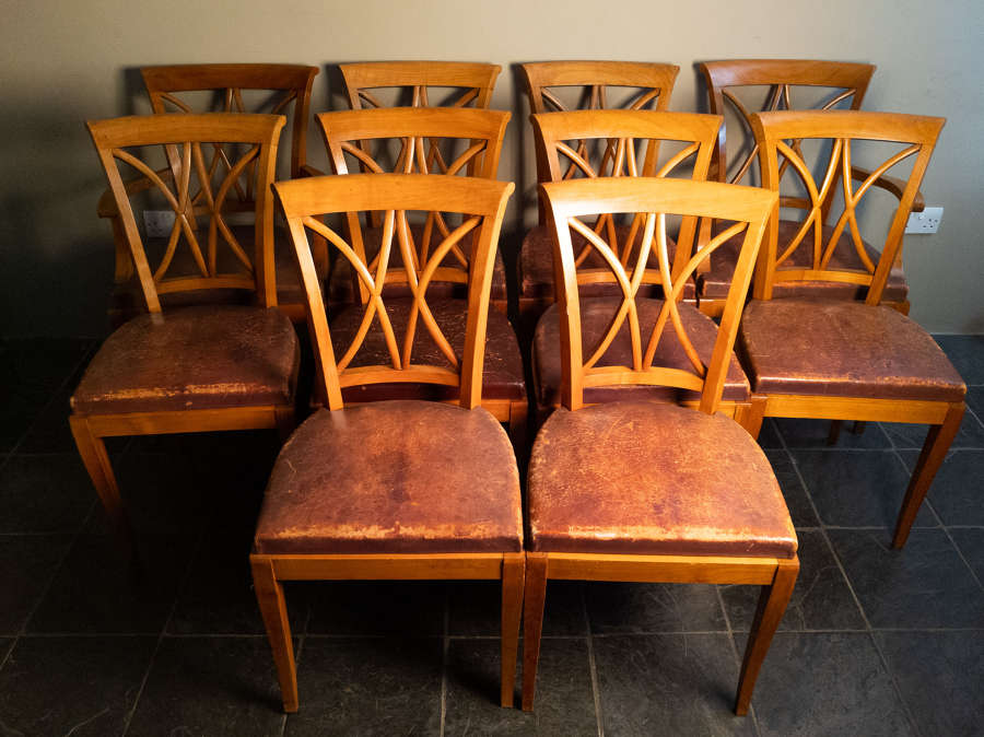 A set of 10 Fruitwood Dining Chairs in Leather Circa 1930