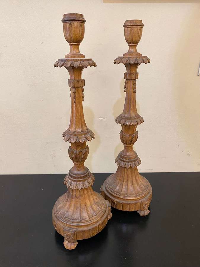 C1870 A Pair of Carved Wooden Candlesticks