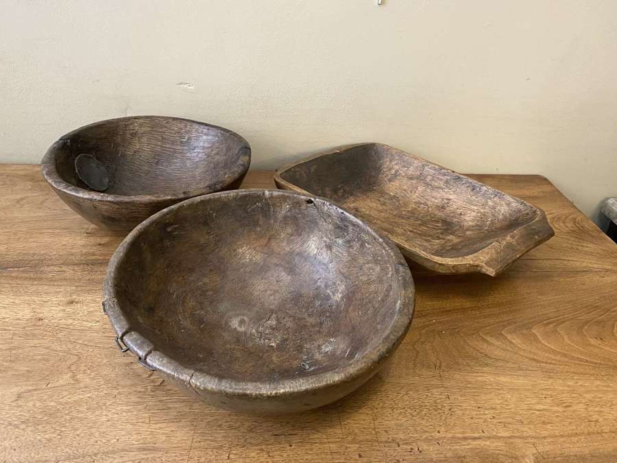 3 19th Century Rustic Wooden Bowls
