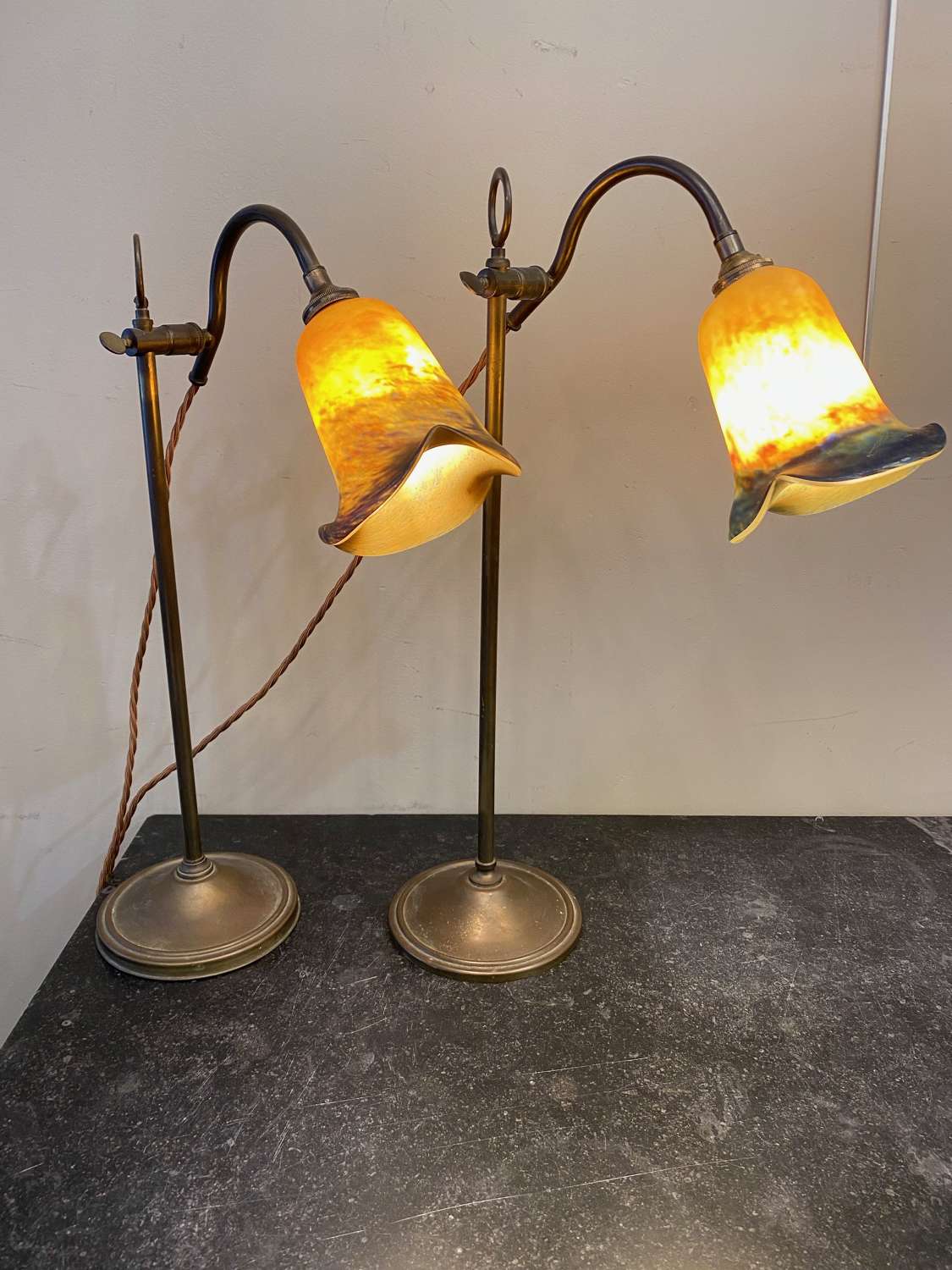 C1930 A Matched Pair of French Brass Pump Lamps