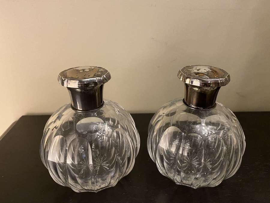 C1930 Spanish Crystal Perfume Bottles - with silver tops.