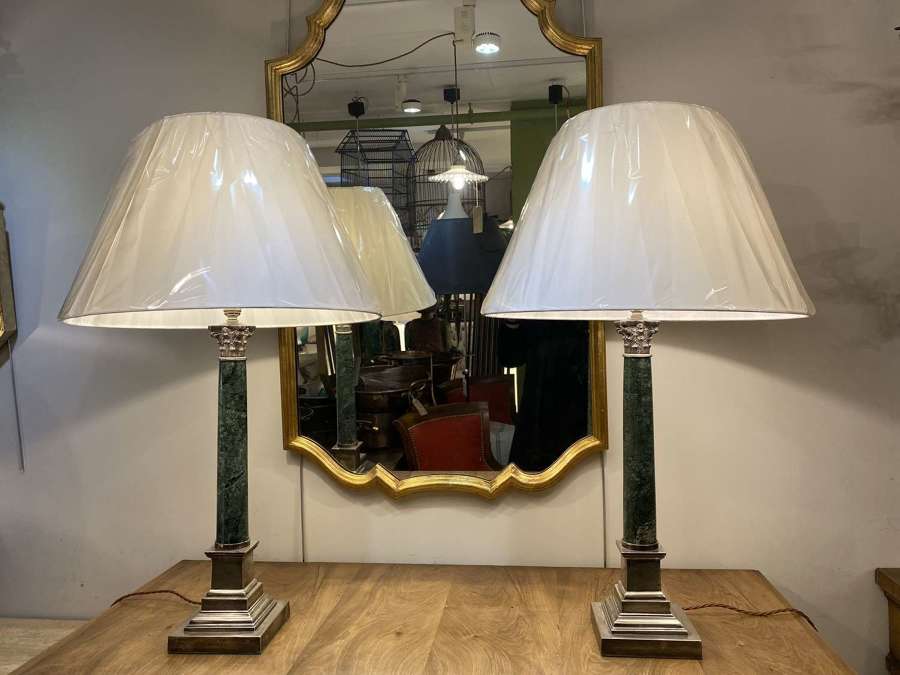 C1970s A Pair of Green Marble Table Lamps