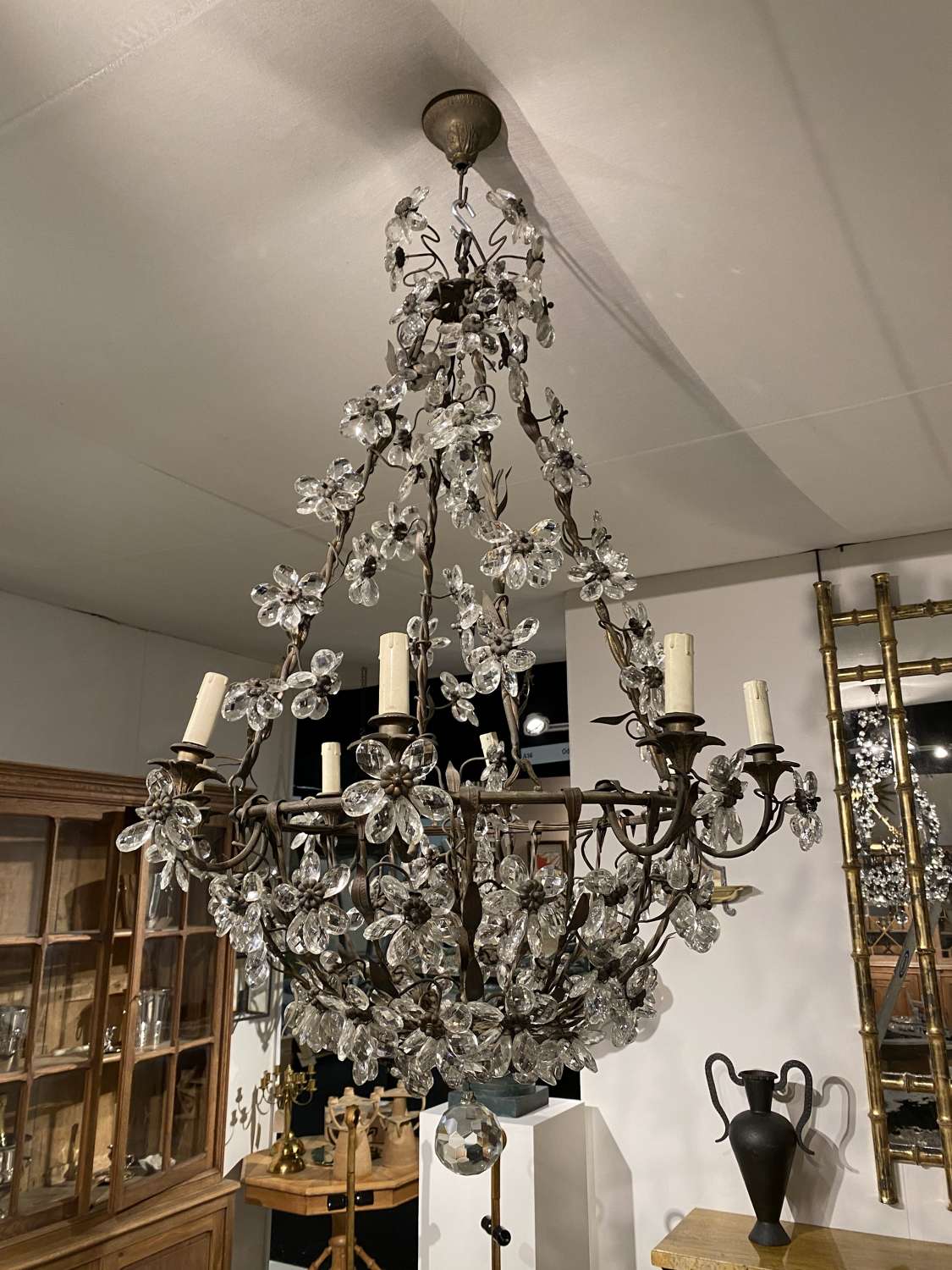 C1950 A French Bronze Crystal Flower Chandelier