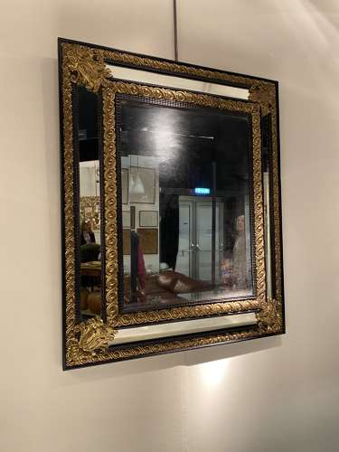 C1850 A Fine French Ebonised Rippled Repousse Brass Mirror