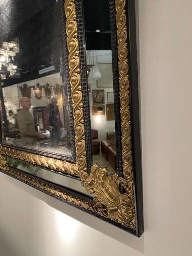 C1850 A Fine French Ebonised Rippled Repousse Brass Mirror