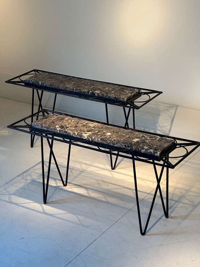 C1950 A Pair Spanish  Mid Century Iron & Marble Side Tables