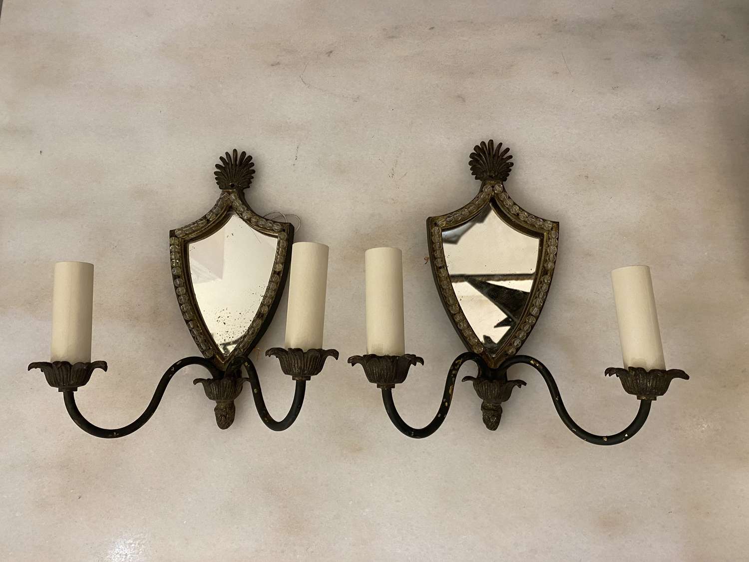 C1928 A Pair of French Brass Beaded Wall Sconces