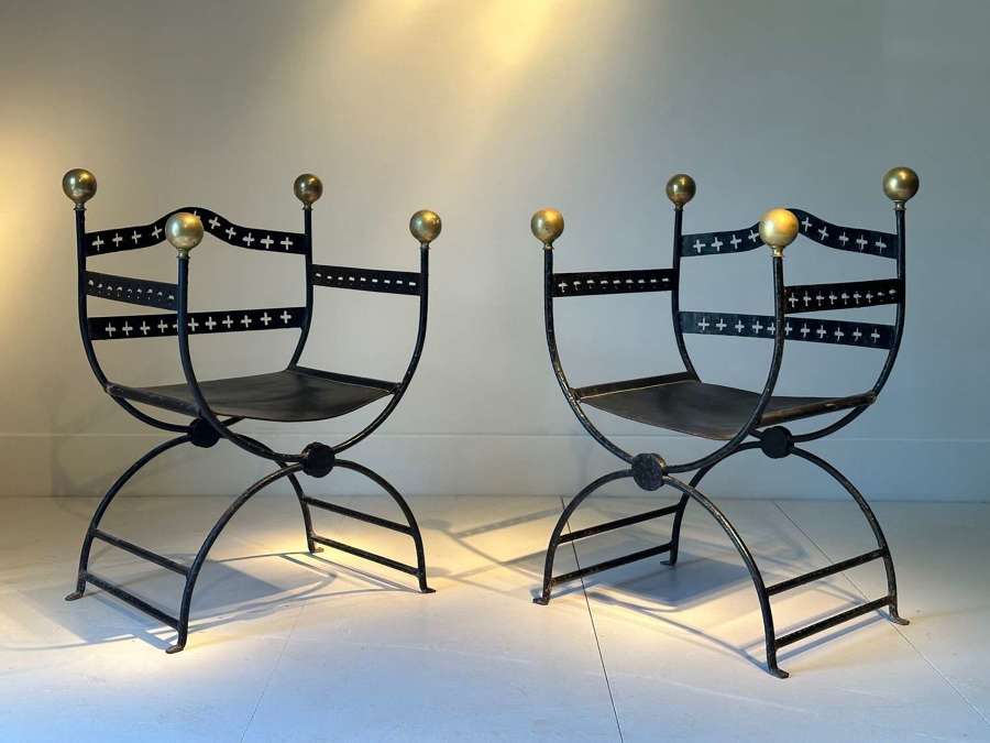 C1910 A Pair of French Brass Ball, Iron & Leather Armchairs