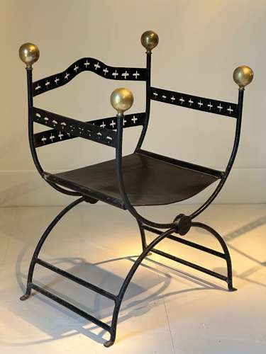C1910 A Pair of French Brass Ball, Iron & Leather Armchairs