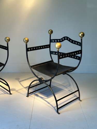 C1910 A Pair of French Brass Ball, Iron & Leather Armchairs