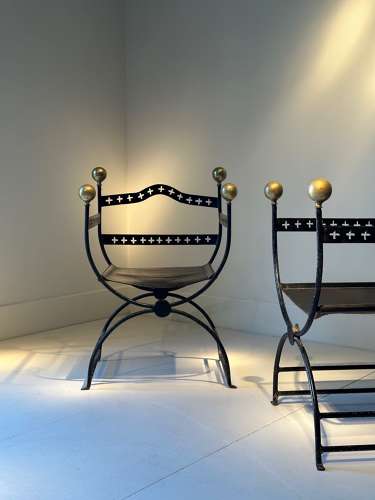 C1910 A Pair of French Brass Ball, Iron & Leather Armchairs