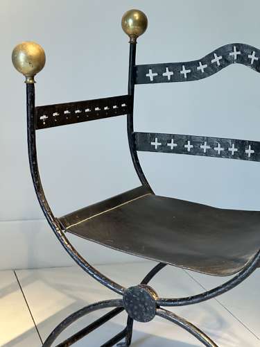 C1910 A Pair of French Brass Ball, Iron & Leather Armchairs