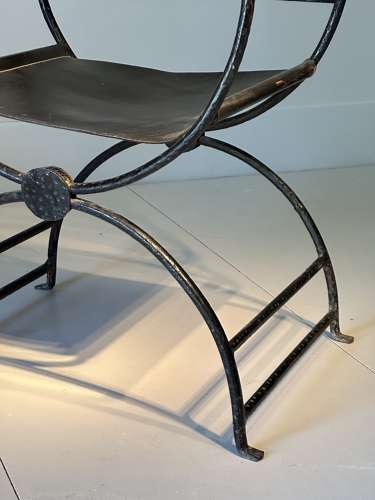 C1910 A Pair of French Brass Ball, Iron & Leather Armchairs