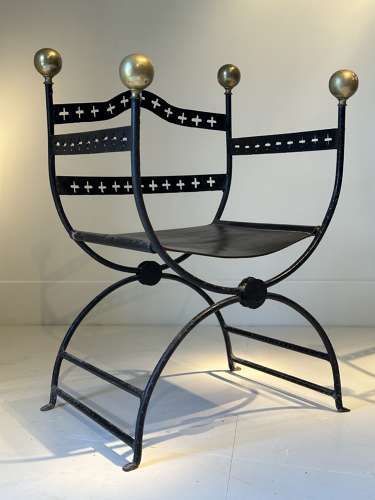 C1910 A Pair of French Brass Ball, Iron & Leather Armchairs