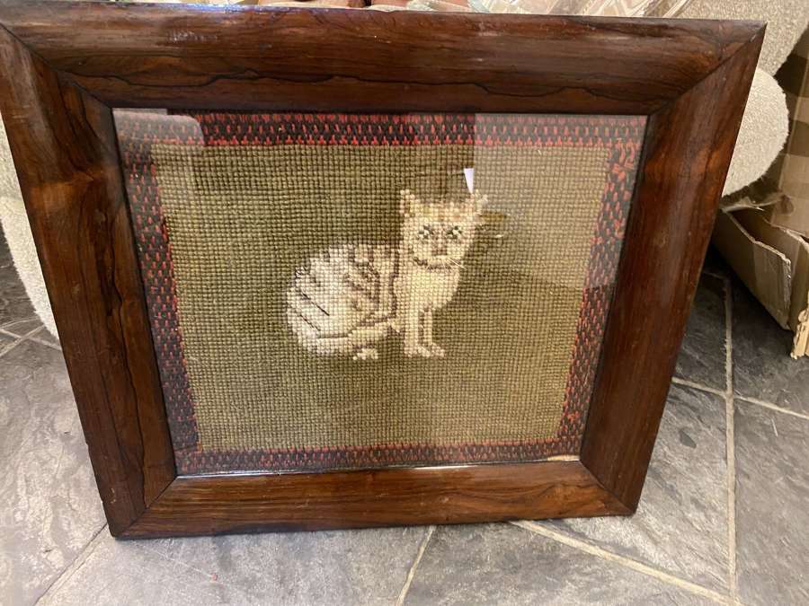 C1880 A Large Victorian Tapestry Cat in a Rosewood Frame