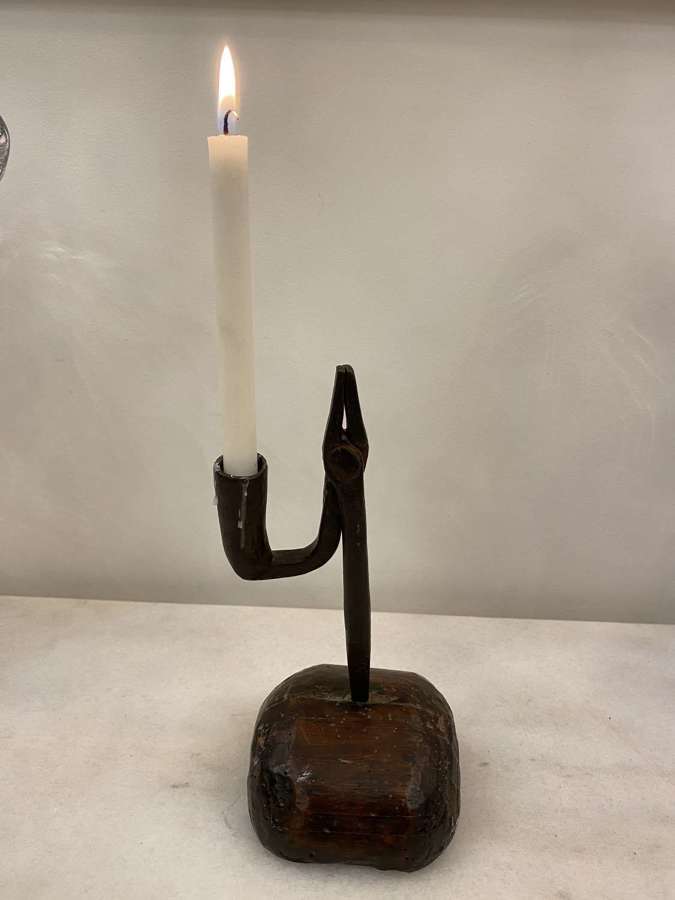 An 18th Century Forged Iron Rush Light & Candle Holder
