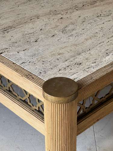 C1970 A Spanish Travertine Brass & Rattan Coffee Table