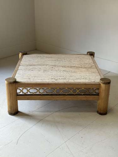 C1970 A Spanish Travertine Brass & Rattan Coffee Table