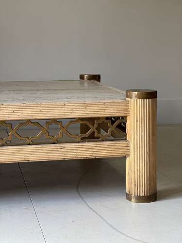 C1970 A Spanish Travertine Brass & Rattan Coffee Table