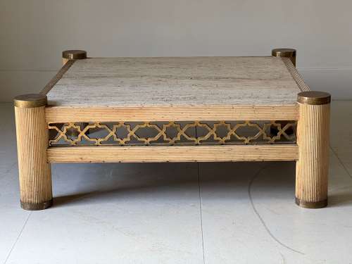 C1970 A Spanish Travertine Brass & Rattan Coffee Table