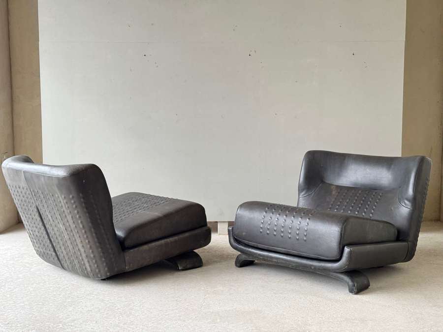 C1970s A Great Pair of Spanish Textured Leather Easy Armchairs