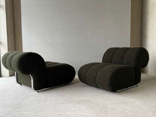 C1960s A Pair Of French Chrome Armchairs Upholstered in Green Boucle