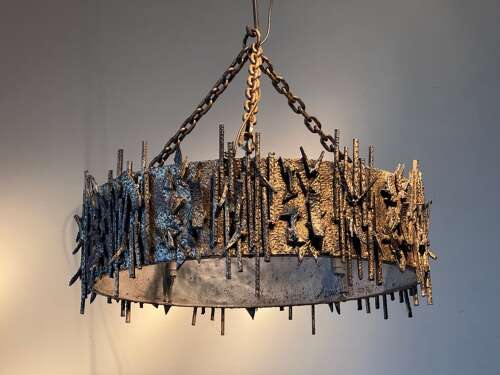 C1960 A Spanish Gilt Iron Brutalist Circular Ceiling Light