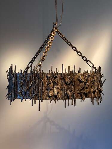 C1960 A Spanish Gilt Iron Brutalist Circular Ceiling Light