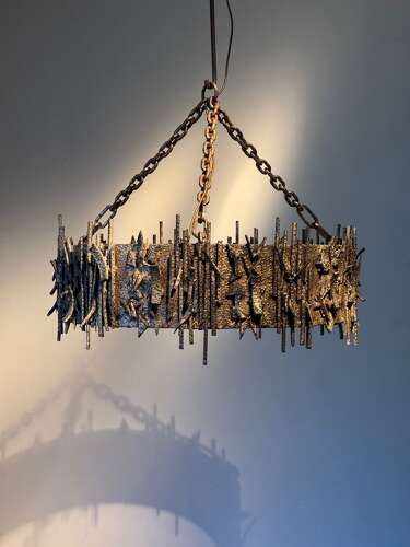 C1960 A Spanish Gilt Iron Brutalist Circular Ceiling Light