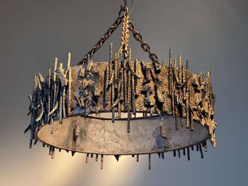 C1960 A Spanish Gilt Iron Brutalist Circular Ceiling Light