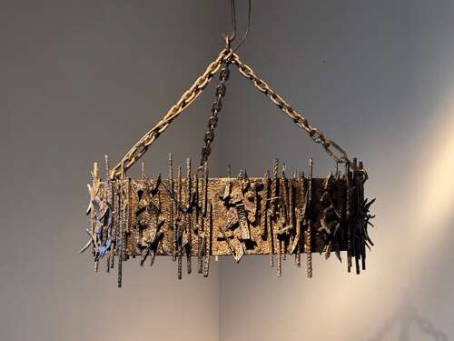 C1960 A Spanish Gilt Iron Brutalist Circular Ceiling Light