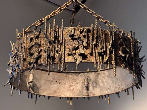 C1960 A Spanish Gilt Iron Brutalist Circular Ceiling Light