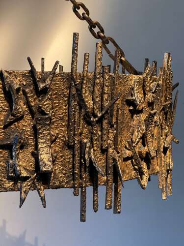 C1960 A Spanish Gilt Iron Brutalist Circular Ceiling Light