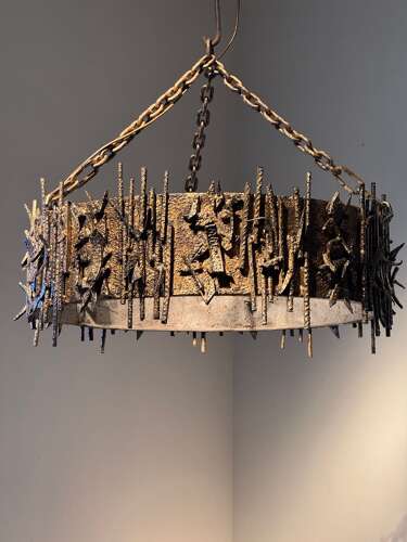 C1960 A Spanish Gilt Iron Brutalist Circular Ceiling Light