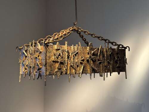 C1960 A Spanish Gilt Iron Brutalist Rectangular Ceiling Light