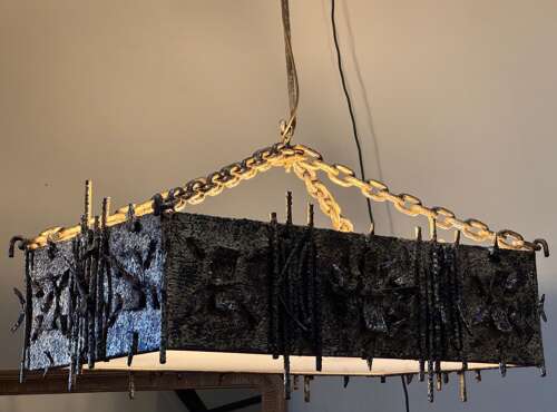 C1960 A Spanish Gilt Iron Brutalist Rectangular Ceiling Light