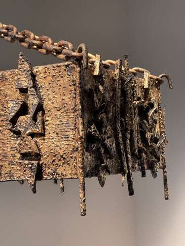 C1960 A Spanish Gilt Iron Brutalist Rectangular Ceiling Light