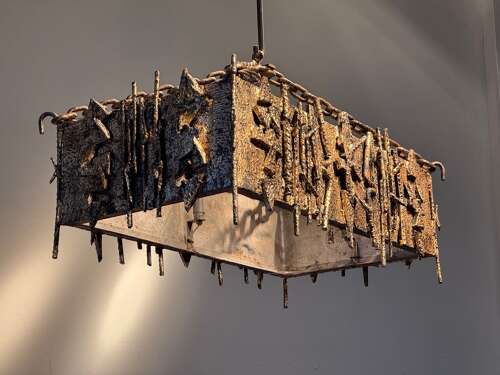 C1960 A Spanish Gilt Iron Brutalist Rectangular Ceiling Light