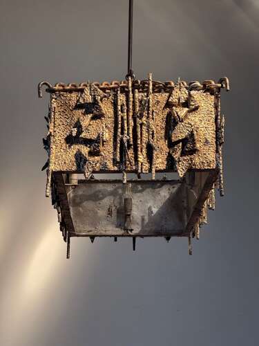 C1960 A Spanish Gilt Iron Brutalist Rectangular Ceiling Light