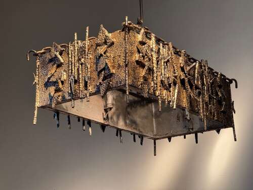 C1960 A Spanish Gilt Iron Brutalist Rectangular Ceiling Light