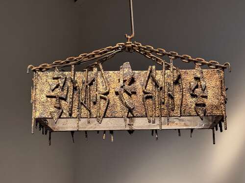 C1960 A Spanish Gilt Iron Brutalist Rectangular Ceiling Light