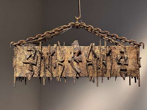 C1960 A Spanish Gilt Iron Brutalist Rectangular Ceiling Light
