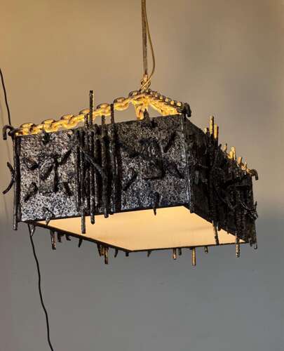 C1960 A Spanish Gilt Iron Brutalist Rectangular Ceiling Light