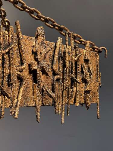 C1960 A Spanish Gilt Iron Brutalist Rectangular Ceiling Light