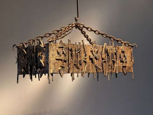 C1960 A Spanish Gilt Iron Brutalist Rectangular Ceiling Light