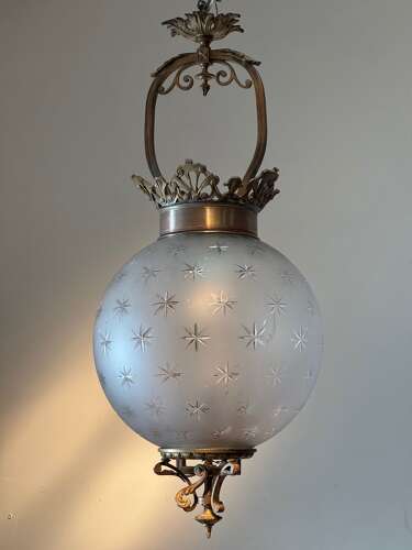 C1860 A French Etched Glass Converted Globe Gas Lantern