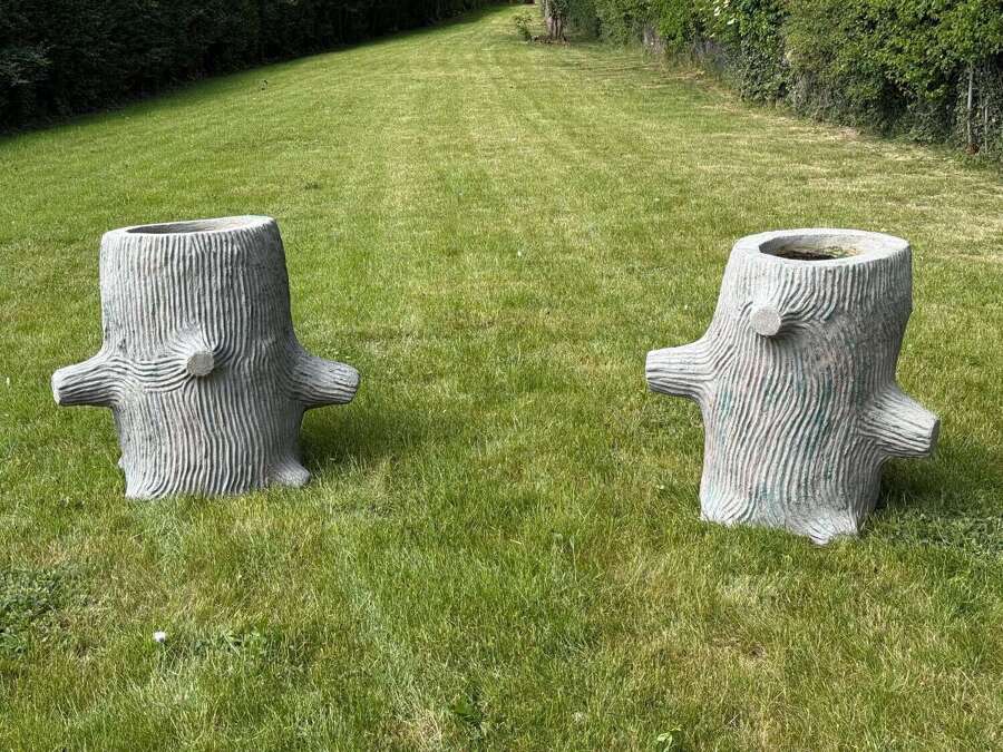 C1960 A Pair of Faux Bois Reconstituted Stone Tree Trunk Urns