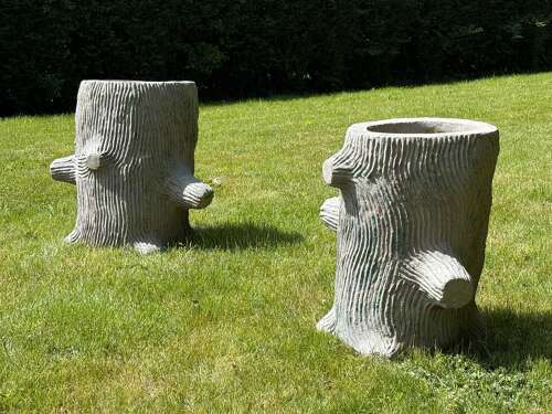 C1960 A Pair of Faux Bois Reconstituted Stone Tree Trunk Urns