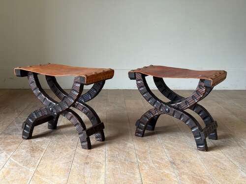 C1960 A Pair of French Folding Leather Stools in Textured Pine
